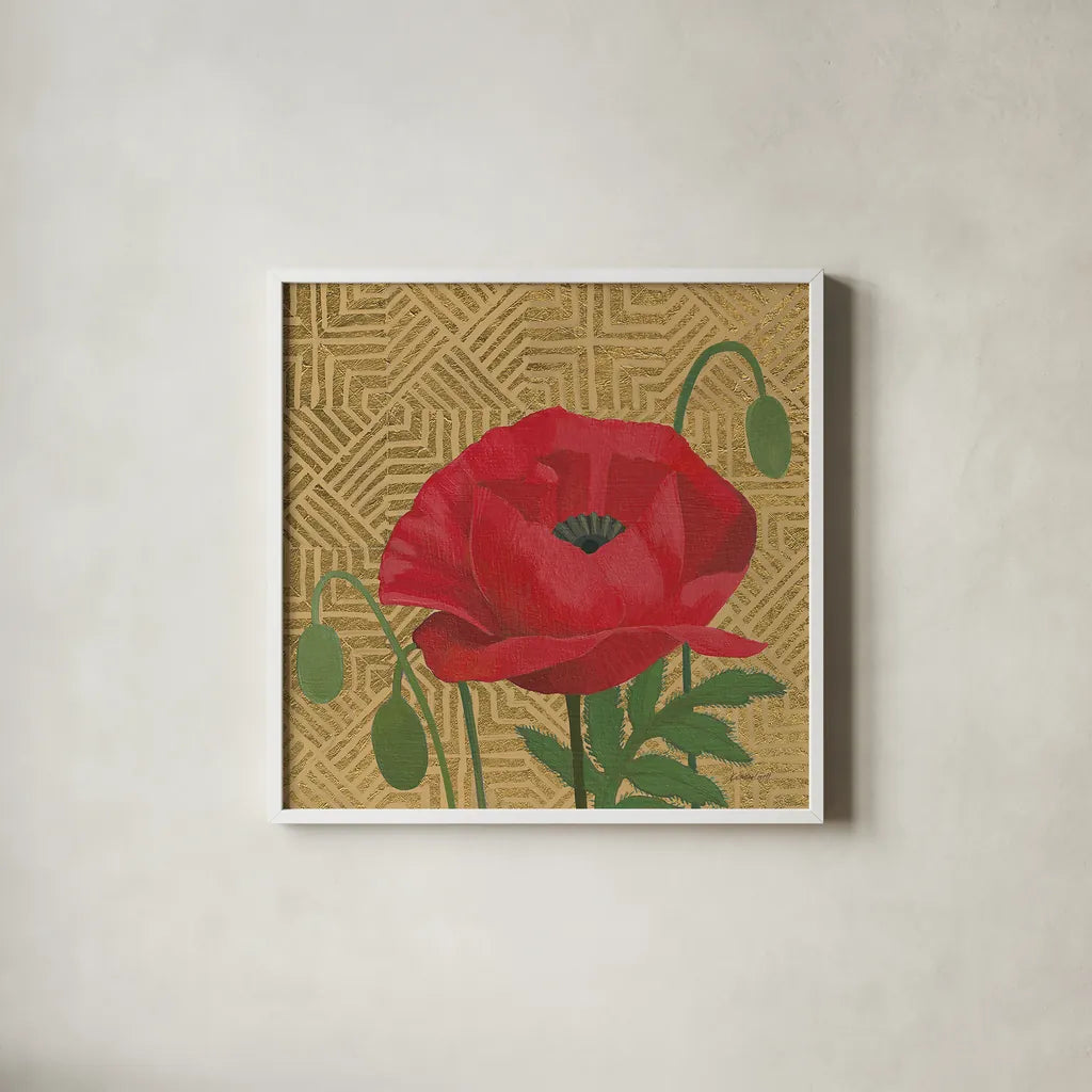 Poppy with Pattern by Kathrine Lovell. Shown in a crisp white glass frame for a clean and minimalist style. Available as an archival giclee rolled canvas, fine art paper, or poster print. SKU 29734a.