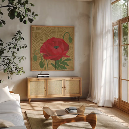 Poppy with Pattern by Kathrine Lovell. Shown in a natural wood frame in a cozy modern living room. Available as an archival giclee rolled canvas, fine art paper, or poster print. SKU 29734a.