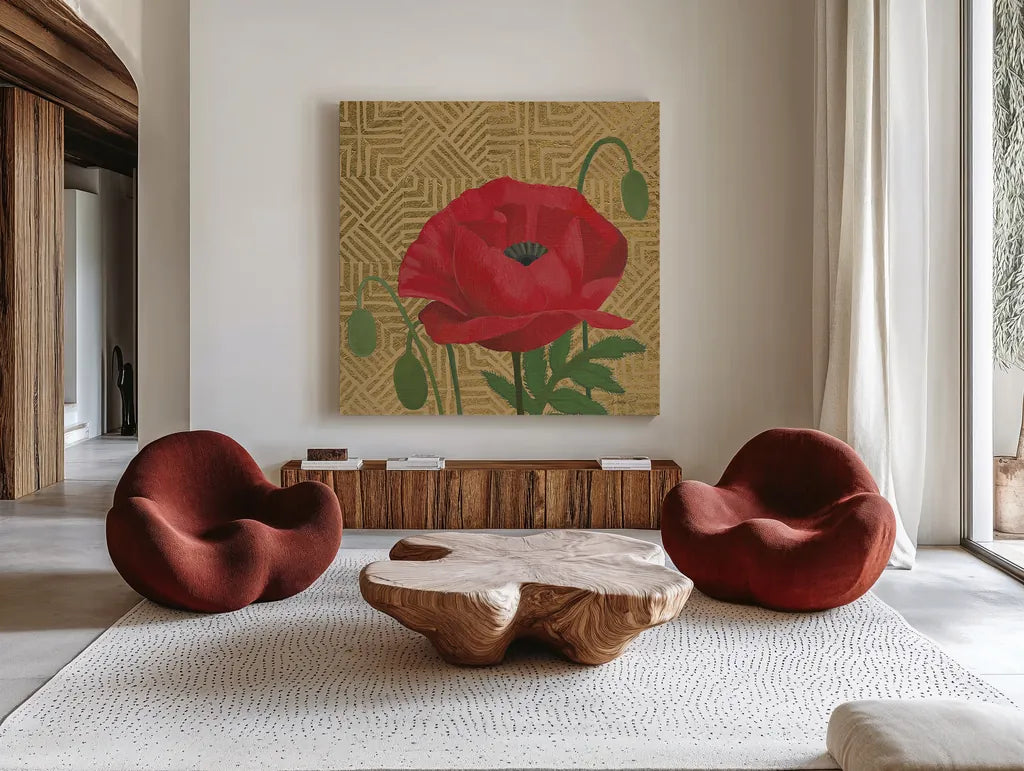 Poppy with Pattern by Kathrine Lovell. Shown as extra-large giant wall art in a modern living room. Available as an archival giclee rolled canvas, fine art paper, or poster print. SKU 29734a.