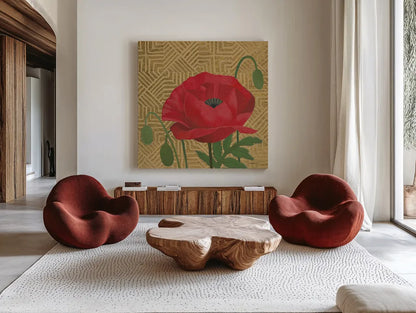 Poppy with Pattern by Kathrine Lovell. Shown as extra-large giant wall art in a modern living room. Available as an archival giclee rolled canvas, fine art paper, or poster print. SKU 29734a.