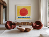 Primary Sunrise I by Kathrine Lovell. Shown as extra-large giant wall art in a modern living room. Available as an archival giclee rolled canvas, fine art paper, or poster print. SKU 84780a.