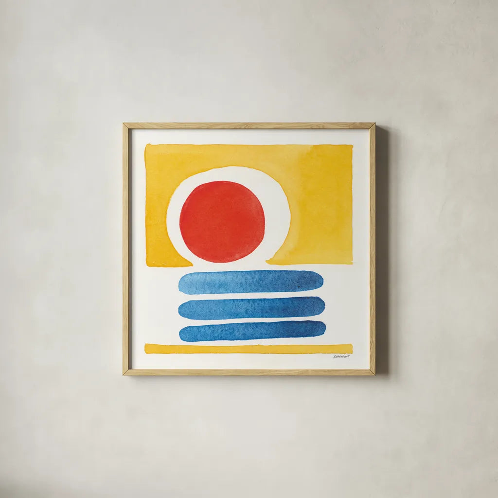 Primary Sunrise II by Kathrine Lovell. Shown in a natural wood glass frame for a timeless modern aesthetic. Available as an archival giclee rolled canvas, fine art paper, or poster print. SKU 84781a.