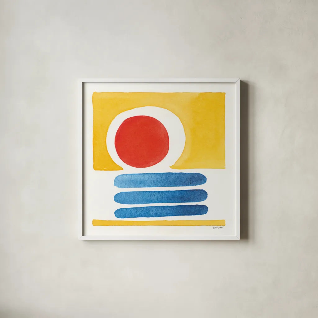 Primary Sunrise II by Kathrine Lovell. Shown in a crisp white glass frame for a clean and minimalist style. Available as an archival giclee rolled canvas, fine art paper, or poster print. SKU 84781a.