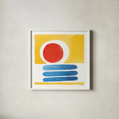 Primary Sunrise II by Kathrine Lovell. Shown in a crisp white glass frame for a clean and minimalist style. Available as an archival giclee rolled canvas, fine art paper, or poster print. SKU 84781a.