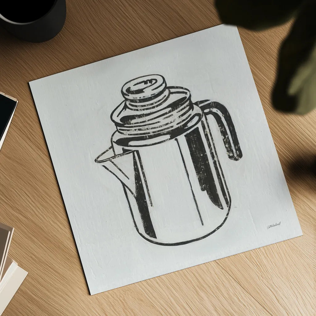 Retro Coffee Pot by Kathrine Lovell. Shown as a detailed flat fine art print, highlighting archival giclee quality. Available as an archival giclee rolled canvas, fine art paper, or poster print. SKU 63205a.