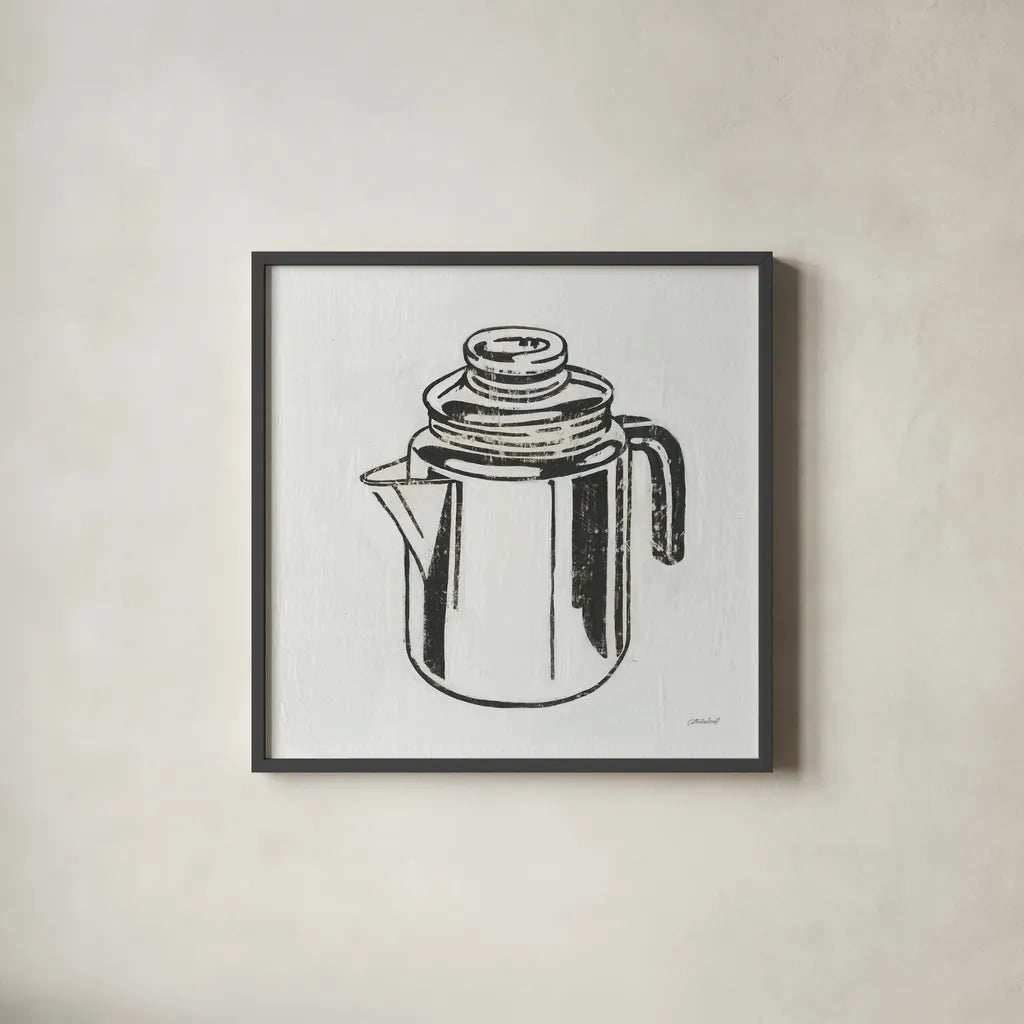 Retro Coffee Pot by Kathrine Lovell. Shown in a sleek black glass frame for a contemporary gallery look. Available as an archival giclee rolled canvas, fine art paper, or poster print. SKU 63205a.