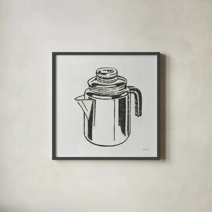 Retro Coffee Pot by Kathrine Lovell. Shown in a sleek black glass frame for a contemporary gallery look. Available as an archival giclee rolled canvas, fine art paper, or poster print. SKU 63205a.