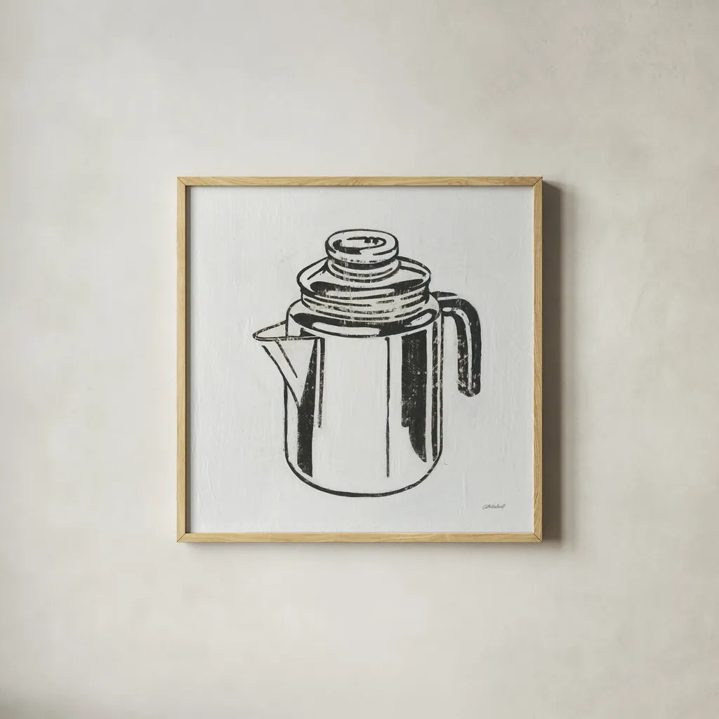 Retro Coffee Pot by Kathrine Lovell. Shown in a natural wood glass frame for a timeless modern aesthetic. Available as an archival giclee rolled canvas, fine art paper, or poster print. SKU 63205a.