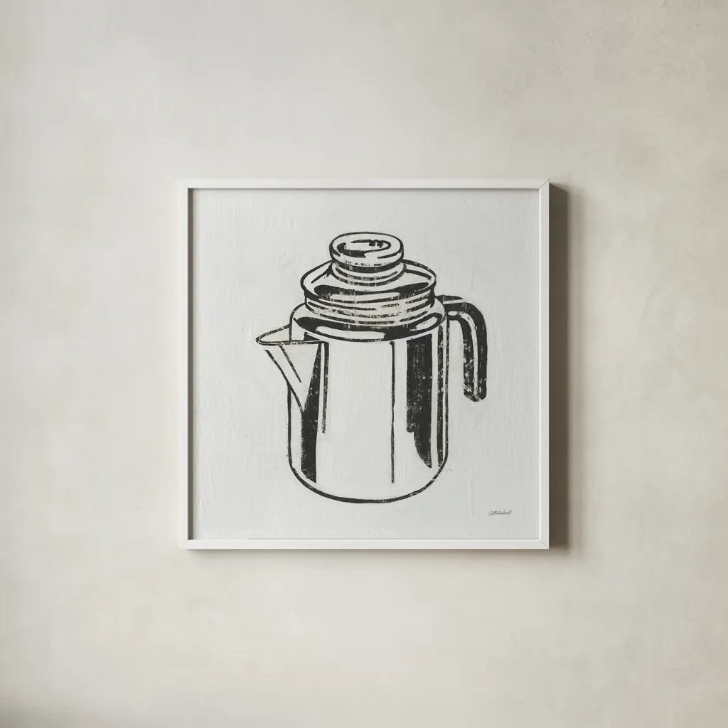 Retro Coffee Pot by Kathrine Lovell. Shown in a crisp white glass frame for a clean and minimalist style. Available as an archival giclee rolled canvas, fine art paper, or poster print. SKU 63205a.