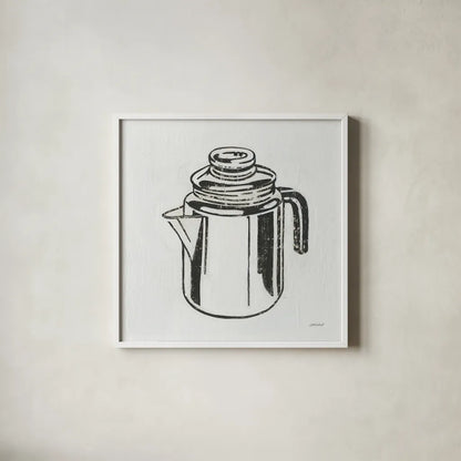Retro Coffee Pot by Kathrine Lovell. Shown in a crisp white glass frame for a clean and minimalist style. Available as an archival giclee rolled canvas, fine art paper, or poster print. SKU 63205a.
