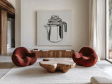Retro Coffee Pot by Kathrine Lovell. Shown as extra-large giant wall art in a modern living room. Available as an archival giclee rolled canvas, fine art paper, or poster print. SKU 63205a.
