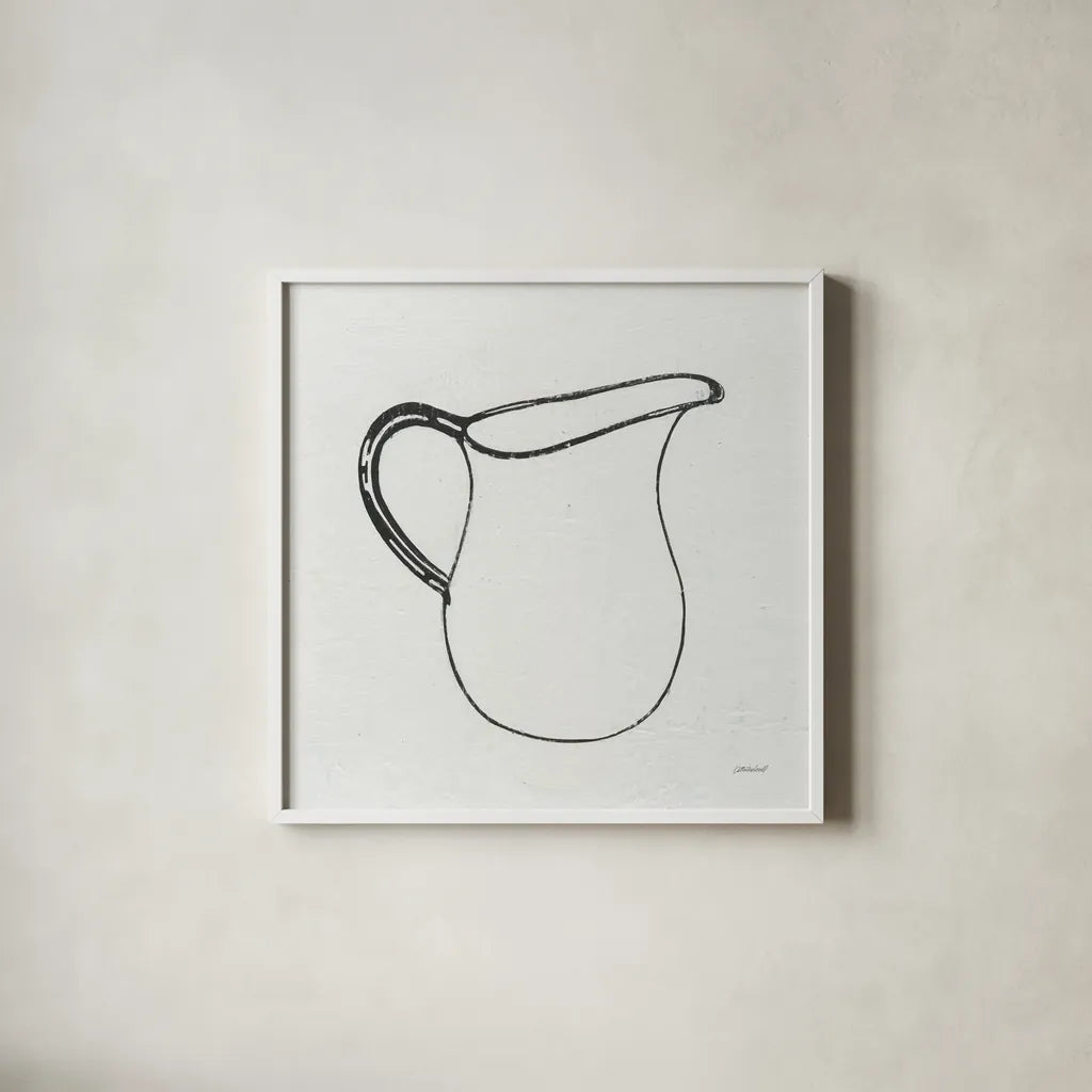 Retro Pitcher by Kathrine Lovell. Shown in a crisp white glass frame for a clean and minimalist style. Available as an archival giclee rolled canvas, fine art paper, or poster print. SKU 63206a.