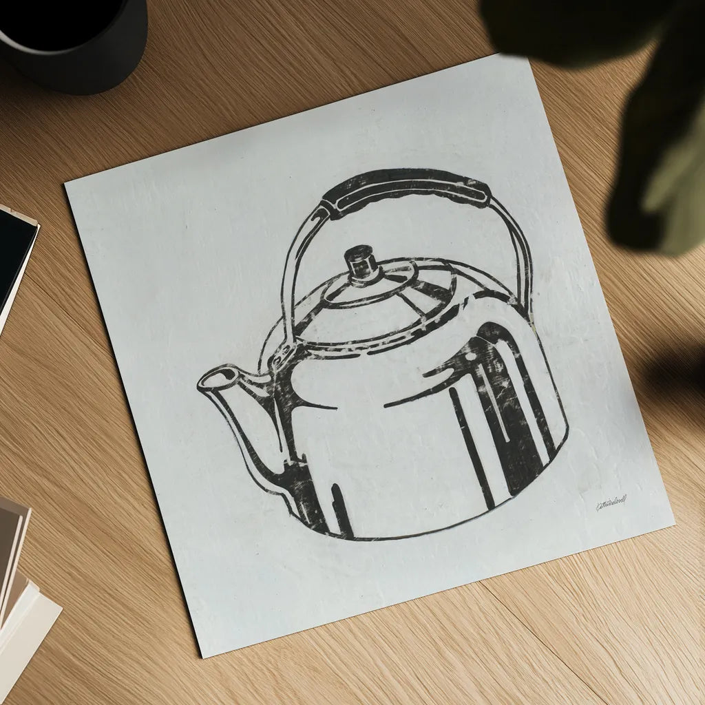 Retro Tea Kettle by Kathrine Lovell. Shown as a detailed flat fine art print, highlighting archival giclee quality. Available as an archival giclee rolled canvas, fine art paper, or poster print. SKU 63207a.