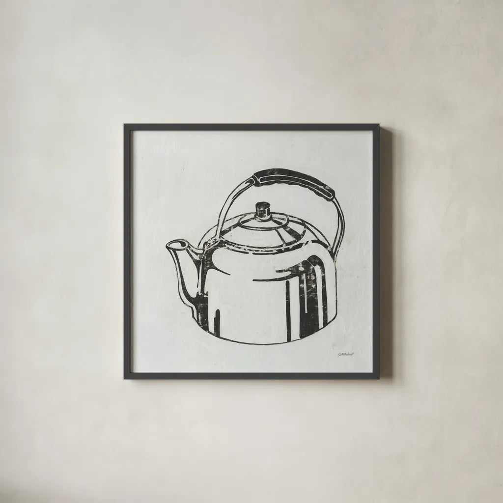 Retro Tea Kettle by Kathrine Lovell. Shown in a sleek black glass frame for a contemporary gallery look. Available as an archival giclee rolled canvas, fine art paper, or poster print. SKU 63207a.