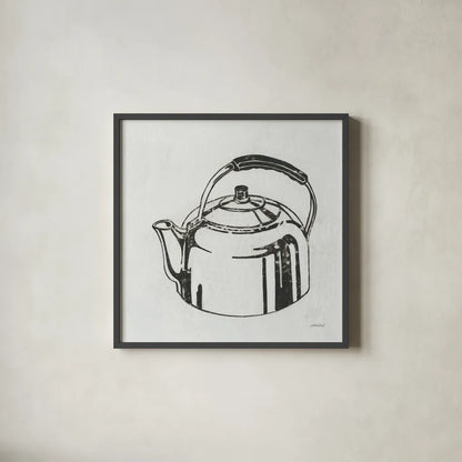 Retro Tea Kettle by Kathrine Lovell. Shown in a sleek black glass frame for a contemporary gallery look. Available as an archival giclee rolled canvas, fine art paper, or poster print. SKU 63207a.