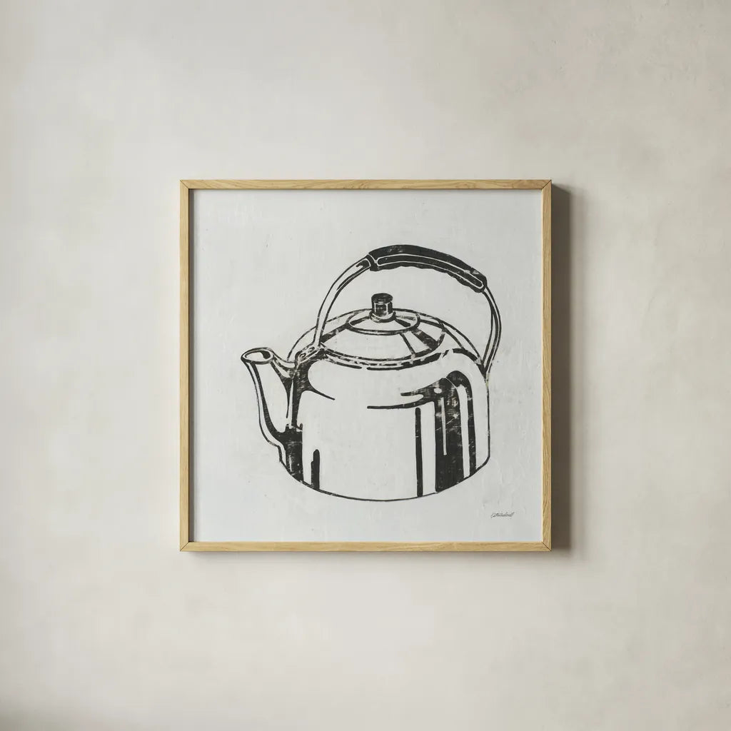 Retro Tea Kettle by Kathrine Lovell. Shown in a natural wood glass frame for a timeless modern aesthetic. Available as an archival giclee rolled canvas, fine art paper, or poster print. SKU 63207a.