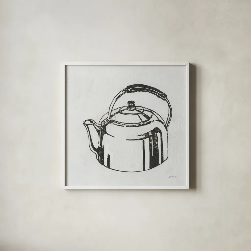 Retro Tea Kettle by Kathrine Lovell. Shown in a crisp white glass frame for a clean and minimalist style. Available as an archival giclee rolled canvas, fine art paper, or poster print. SKU 63207a.