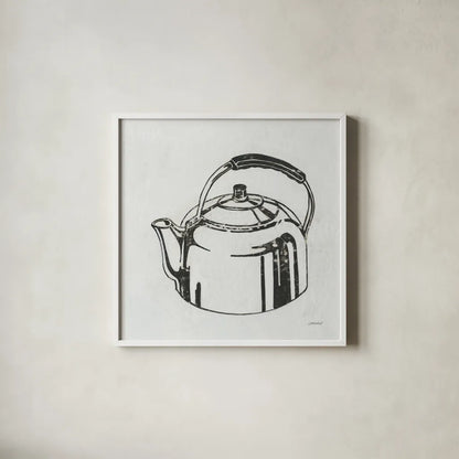 Retro Tea Kettle by Kathrine Lovell. Shown in a crisp white glass frame for a clean and minimalist style. Available as an archival giclee rolled canvas, fine art paper, or poster print. SKU 63207a.