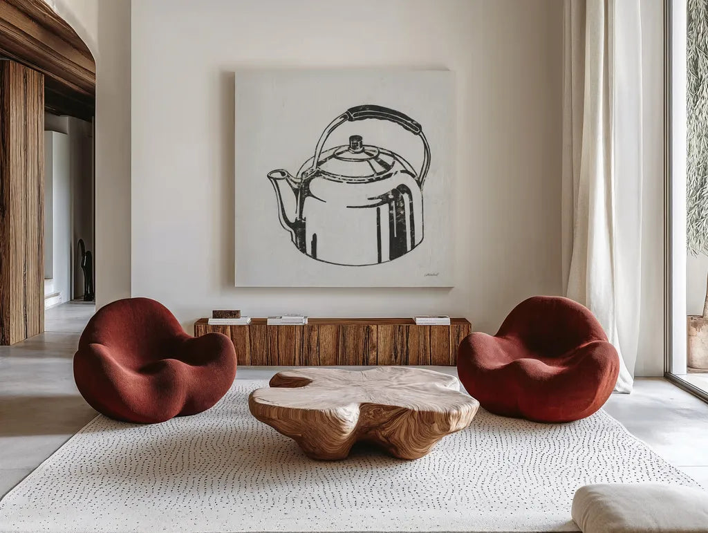 Retro Tea Kettle by Kathrine Lovell. Shown as extra-large giant wall art in a modern living room. Available as an archival giclee rolled canvas, fine art paper, or poster print. SKU 63207a.