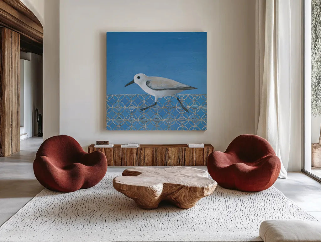 Run Run Run by Kathrine Lovell. Shown as extra-large giant wall art in a modern living room. Available as an archival giclee rolled canvas, fine art paper, or poster print. SKU 24447a.