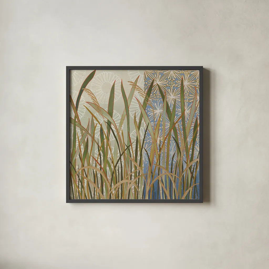 Scenic Grasses by Kathrine Lovell. Shown in a sleek black glass frame for a contemporary gallery look. Available as an archival giclee rolled canvas, fine art paper, or poster print. SKU 43464a.