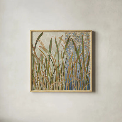 Scenic Grasses by Kathrine Lovell. Shown in a natural wood glass frame for a timeless modern aesthetic. Available as an archival giclee rolled canvas, fine art paper, or poster print. SKU 43464a.