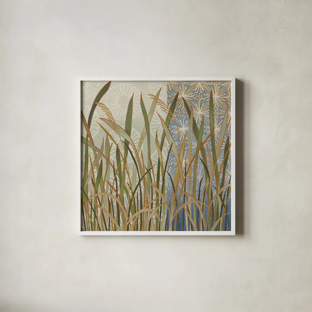 Scenic Grasses by Kathrine Lovell. Shown in a crisp white glass frame for a clean and minimalist style. Available as an archival giclee rolled canvas, fine art paper, or poster print. SKU 43464a.