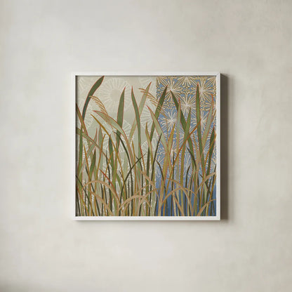 Scenic Grasses by Kathrine Lovell. Shown in a crisp white glass frame for a clean and minimalist style. Available as an archival giclee rolled canvas, fine art paper, or poster print. SKU 43464a.