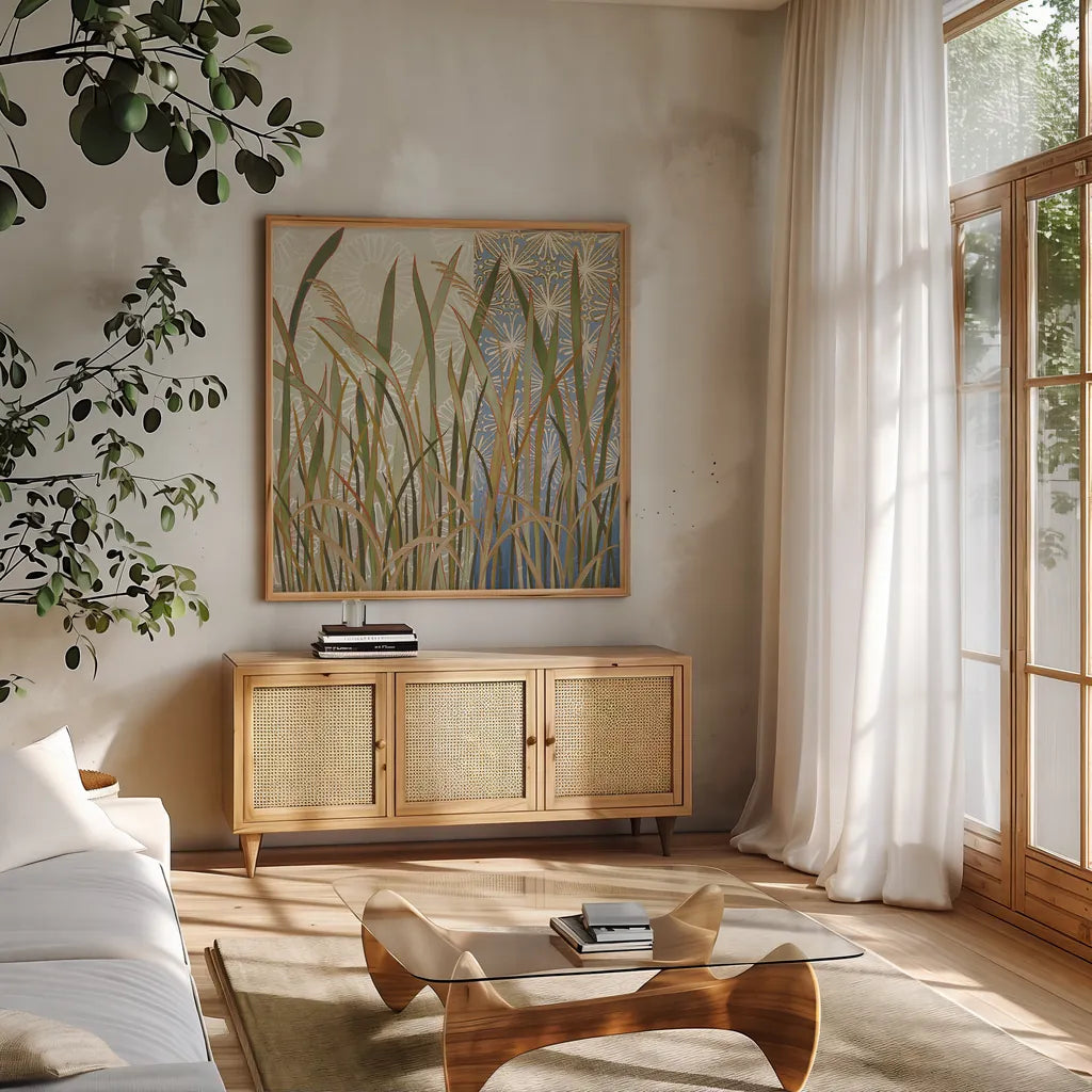 Scenic Grasses by Kathrine Lovell. Shown in a natural wood frame in a cozy modern living room. Available as an archival giclee rolled canvas, fine art paper, or poster print. SKU 43464a.