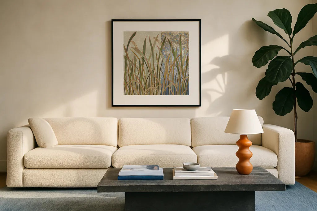 Scenic Grasses by Kathrine Lovell. Displayed in a glass frame with matte in a clean modern living room. Available as an archival giclee rolled canvas, fine art paper, or poster print. SKU 43464a.