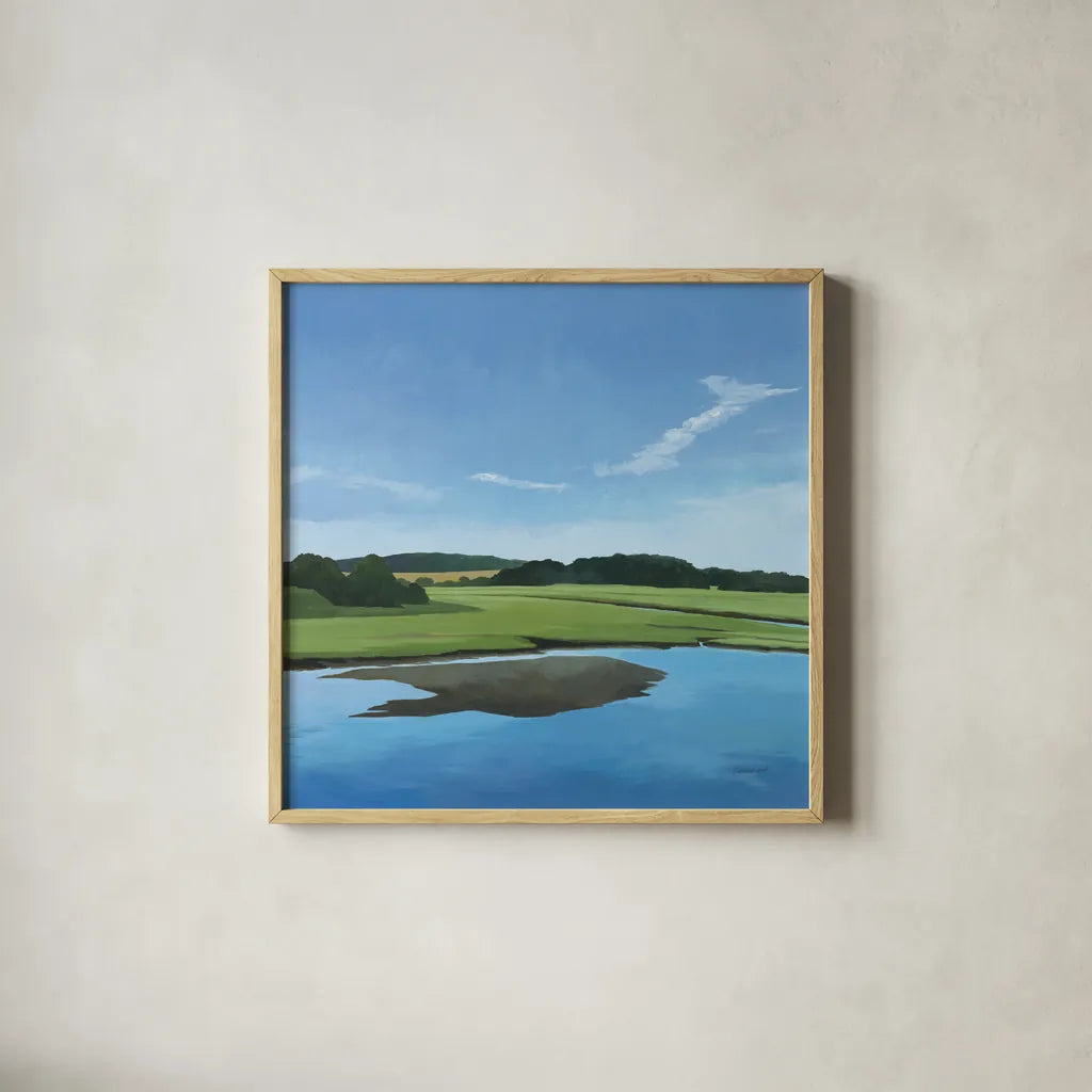Seapowet Marsh by Kathrine Lovell. Shown in a natural wood glass frame for a timeless modern aesthetic. Available as an archival giclee rolled canvas, fine art paper, or poster print. SKU 58638a.
