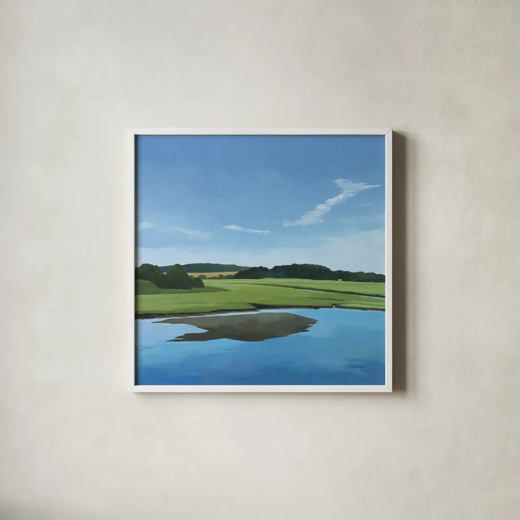 Seapowet Marsh by Kathrine Lovell. Shown in a crisp white glass frame for a clean and minimalist style. Available as an archival giclee rolled canvas, fine art paper, or poster print. SKU 58638a.