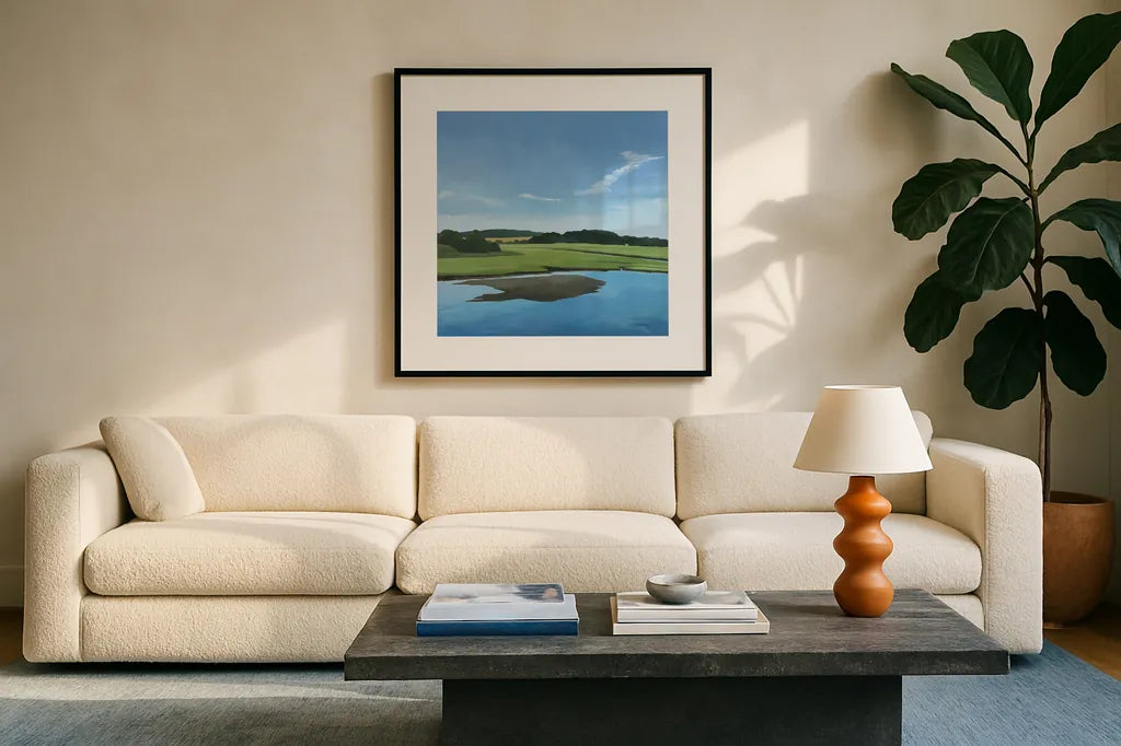 Seapowet Marsh by Kathrine Lovell. Displayed in a glass frame with matte in a clean modern living room. Available as an archival giclee rolled canvas, fine art paper, or poster print. SKU 58638a.