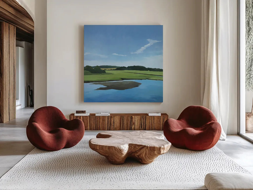 Seapowet Marsh by Kathrine Lovell. Shown as extra-large giant wall art in a modern living room. Available as an archival giclee rolled canvas, fine art paper, or poster print. SKU 58638a.