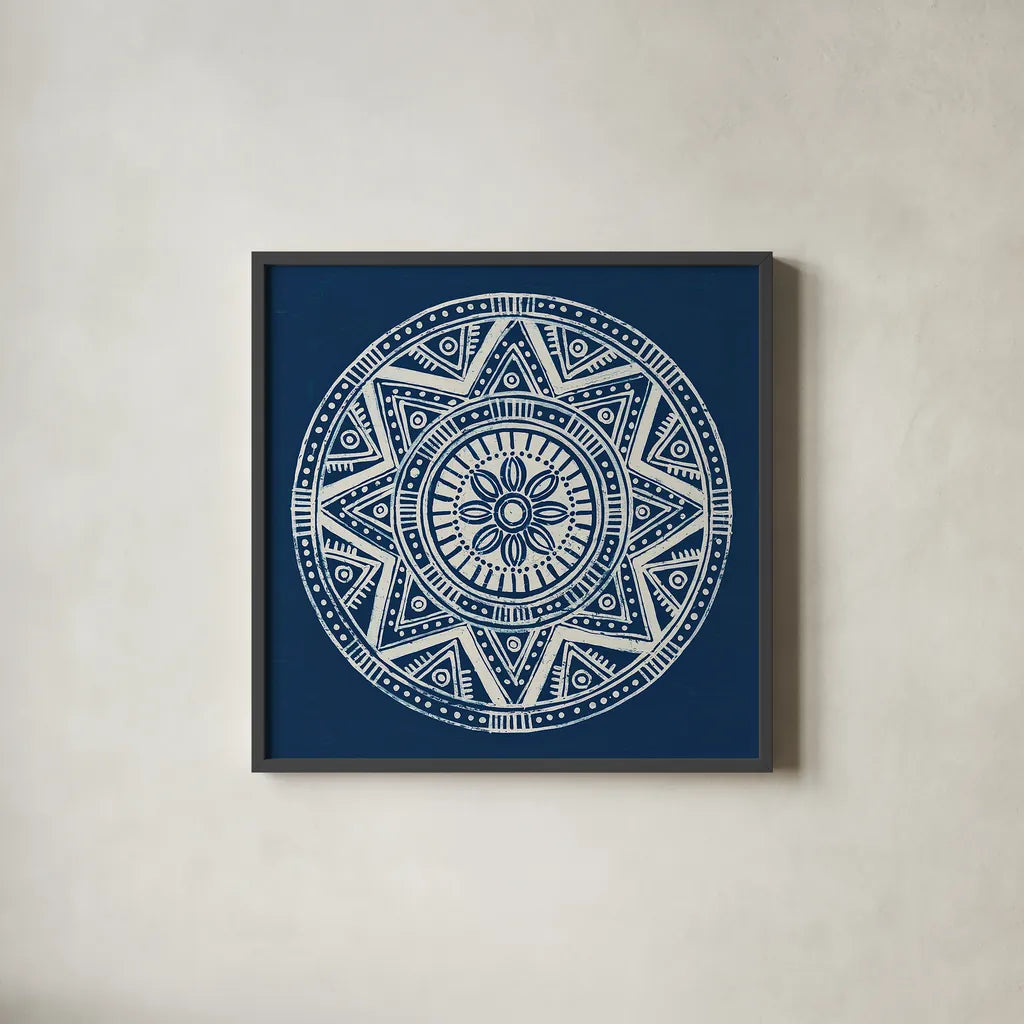 Seville I Dark Blue FB by Kathrine Lovell. Shown in a sleek black glass frame for a contemporary gallery look. Available as an archival giclee rolled canvas, fine art paper, or poster print. SKU 31910a.