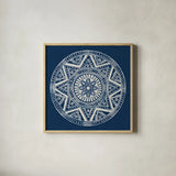 Seville I Dark Blue FB by Kathrine Lovell. Shown in a natural wood glass frame for a timeless modern aesthetic. Available as an archival giclee rolled canvas, fine art paper, or poster print. SKU 31910a.