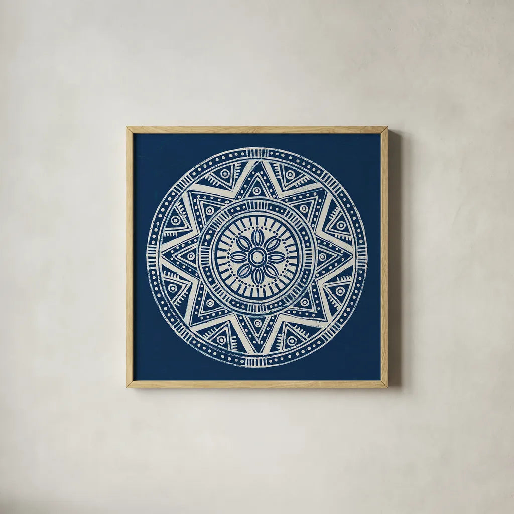 Seville I Dark Blue FB by Kathrine Lovell. Shown in a natural wood glass frame for a timeless modern aesthetic. Available as an archival giclee rolled canvas, fine art paper, or poster print. SKU 31910a.