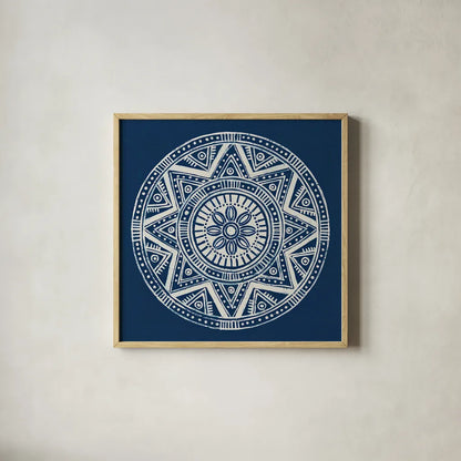 Seville I Dark Blue FB by Kathrine Lovell. Shown in a natural wood glass frame for a timeless modern aesthetic. Available as an archival giclee rolled canvas, fine art paper, or poster print. SKU 31910a.