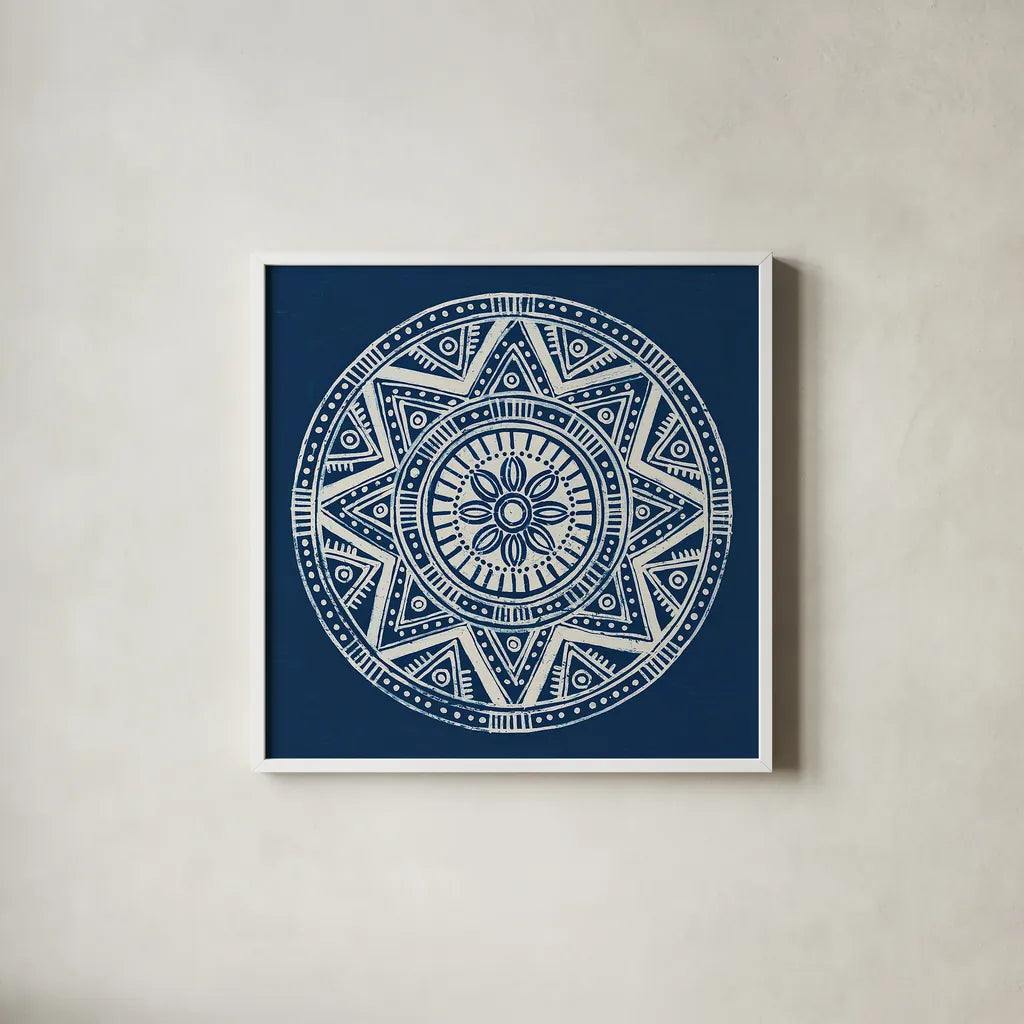 Seville I Dark Blue FB by Kathrine Lovell. Shown in a crisp white glass frame for a clean and minimalist style. Available as an archival giclee rolled canvas, fine art paper, or poster print. SKU 31910a.