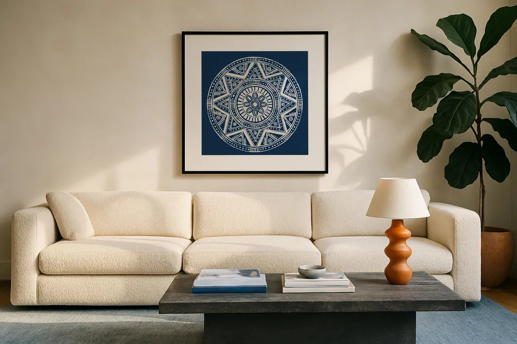 Seville I Dark Blue FB by Kathrine Lovell. Displayed in a glass frame with matte in a clean modern living room. Available as an archival giclee rolled canvas, fine art paper, or poster print. SKU 31910a.