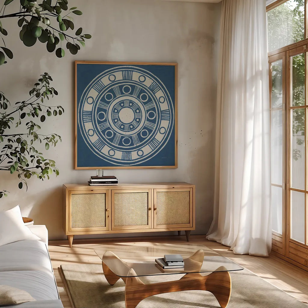 Seville II by Kathrine Lovell. Shown in a natural wood frame in a cozy modern living room. Available as an archival giclee rolled canvas, fine art paper, or poster print. SKU 30955a.