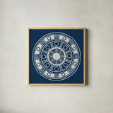 Seville II Dark Blue FB by Kathrine Lovell. Shown in a natural wood glass frame for a timeless modern aesthetic. Available as an archival giclee rolled canvas, fine art paper, or poster print. SKU 31911a.