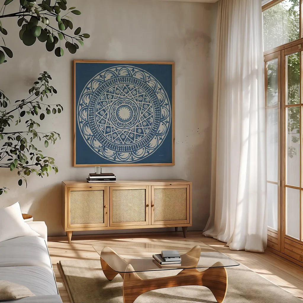 Seville III by Kathrine Lovell. Shown in a natural wood frame in a cozy modern living room. Available as an archival giclee rolled canvas, fine art paper, or poster print. SKU 30956a.