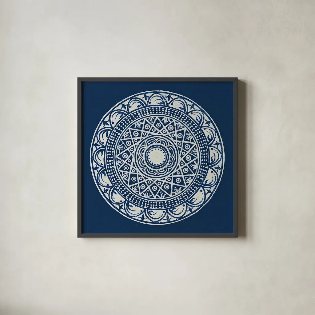 Seville III Dark Blue FB by Kathrine Lovell. Shown in a sleek black glass frame for a contemporary gallery look. Available as an archival giclee rolled canvas, fine art paper, or poster print. SKU 31912a.
