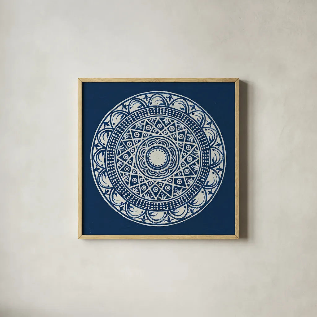 Seville III Dark Blue FB by Kathrine Lovell. Shown in a natural wood glass frame for a timeless modern aesthetic. Available as an archival giclee rolled canvas, fine art paper, or poster print. SKU 31912a.