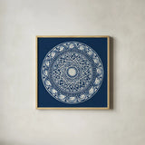 Seville III Dark Blue FB by Kathrine Lovell. Shown in a natural wood glass frame for a timeless modern aesthetic. Available as an archival giclee rolled canvas, fine art paper, or poster print. SKU 31912a.