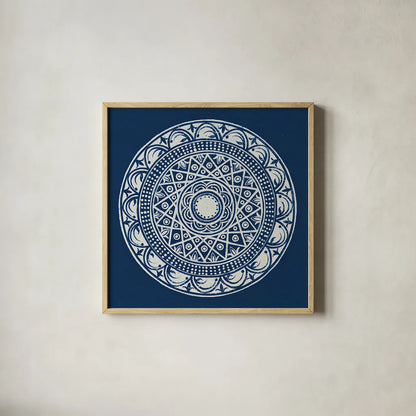 Seville III Dark Blue FB by Kathrine Lovell. Shown in a natural wood glass frame for a timeless modern aesthetic. Available as an archival giclee rolled canvas, fine art paper, or poster print. SKU 31912a.