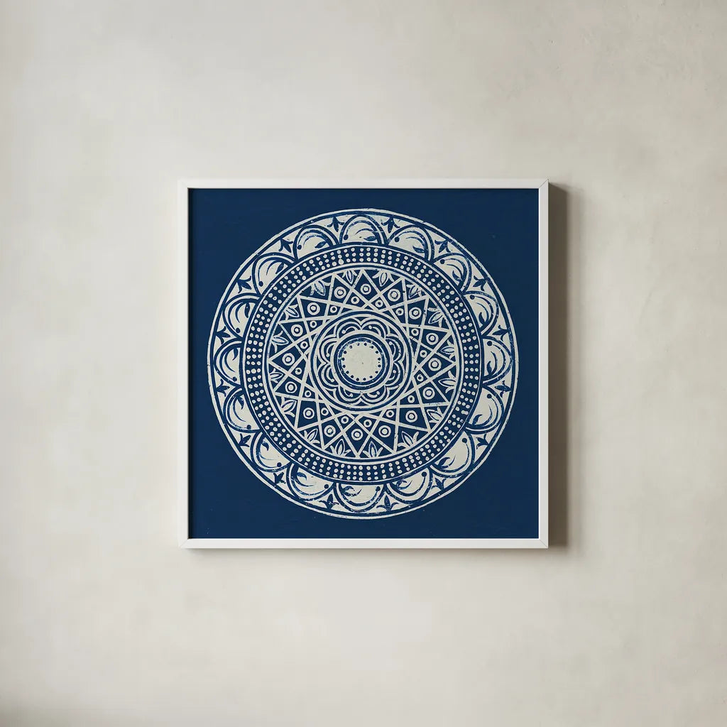 Seville III Dark Blue FB by Kathrine Lovell. Shown in a crisp white glass frame for a clean and minimalist style. Available as an archival giclee rolled canvas, fine art paper, or poster print. SKU 31912a.