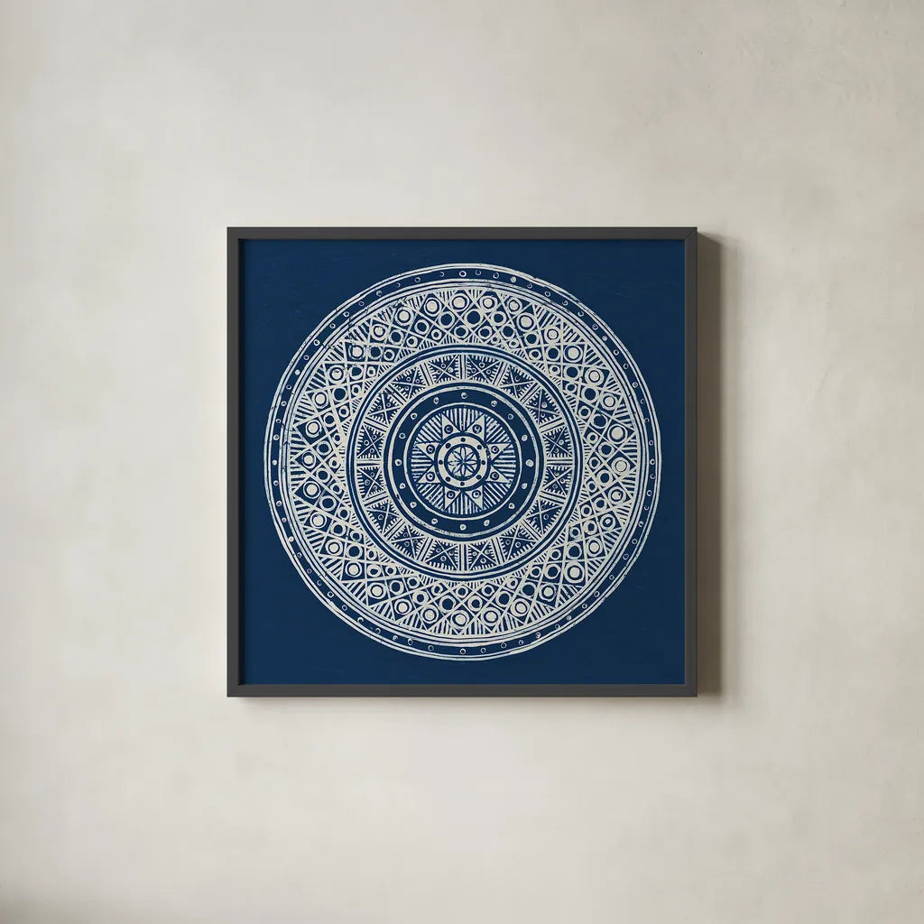 Seville IV Dark Blue FB by Kathrine Lovell. Shown in a sleek black glass frame for a contemporary gallery look. Available as an archival giclee rolled canvas, fine art paper, or poster print. SKU 31913a.