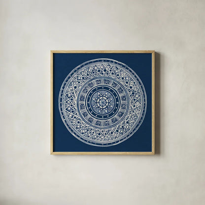 Seville IV Dark Blue FB by Kathrine Lovell. Shown in a natural wood glass frame for a timeless modern aesthetic. Available as an archival giclee rolled canvas, fine art paper, or poster print. SKU 31913a.